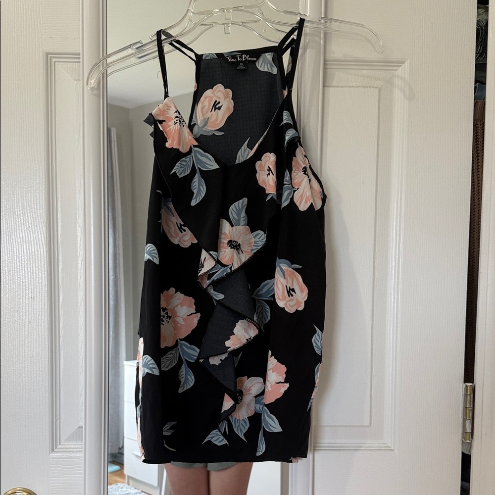Floral Black Tank Top with Ruffle by Lush